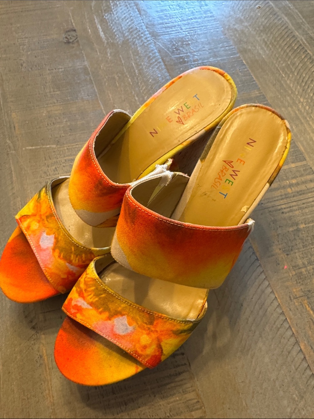 Nine West Orange Yellow Tie-Dye Slide Mules